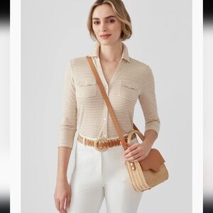 J. McLaughlin Brynn Striped Collar Pocket Button Camp Linen Shirt Size S